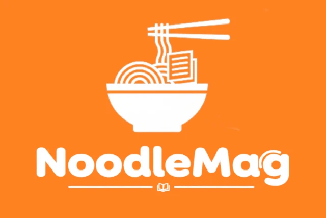 Logo for NoodleMag featuring a bowl of noodles and chopsticks, set against a bright orange background.