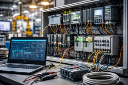 FA electronic industrial automation control panel with PLCs, sensors, and digital monitoring systems in a modern factory environment