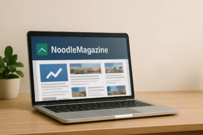 A laptop on a wooden desk displays the NoodleMagazine homepage featuring articles and a graphical trend line. A small plant is nearby.