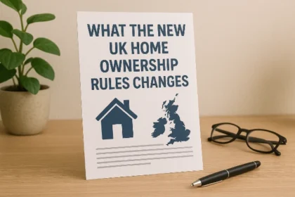 A sign titled "What the New UK Home Ownership Rules Changes" with a house icon and a map of the UK, beside a plant, pen, and glasses.