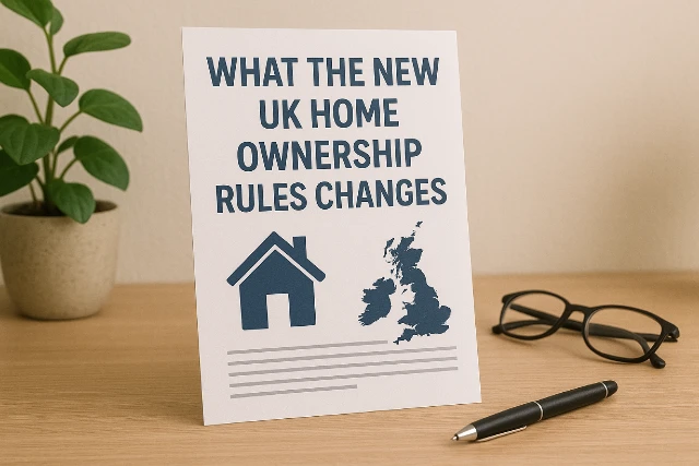 A sign titled "What the New UK Home Ownership Rules Changes" with a house icon and a map of the UK, beside a plant, pen, and glasses.