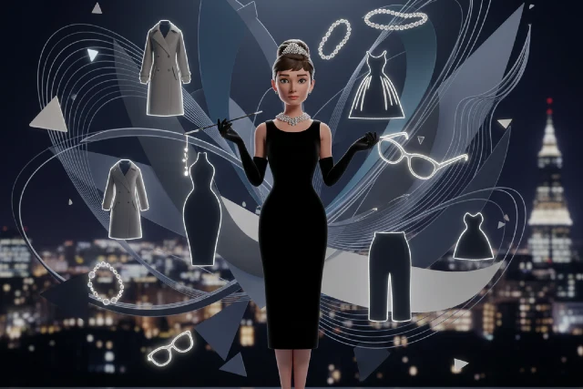 Elegant black-and-white portrait capturing Hepburn timeless style and classic Hollywood elegance