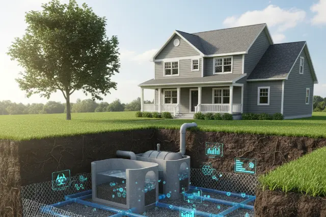 Home septic system diagram installed underground with drain field