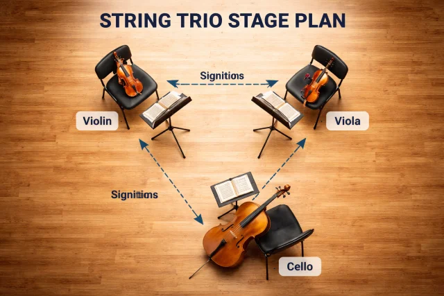 String trio stage plan layout showing violin viola and cello positioned in a semi-circle with chairs and music stands for balanced live performance setup