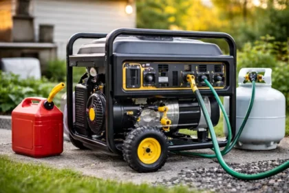 Tri fuel generator connected to gasoline, propane, and natural gas sources providing versatile backup power for home and outdoor use