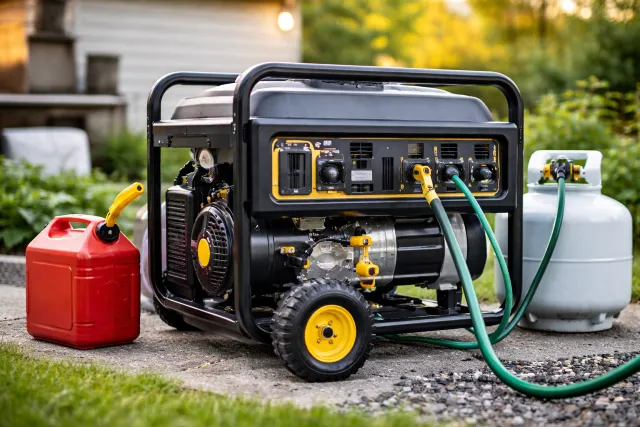 Tri fuel generator connected to gasoline, propane, and natural gas sources providing versatile backup power for home and outdoor use