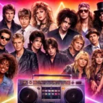 iconic 80s bands performing live on stage during the 1980s era