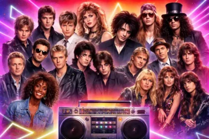 iconic 80s bands performing live on stage during the 1980s era