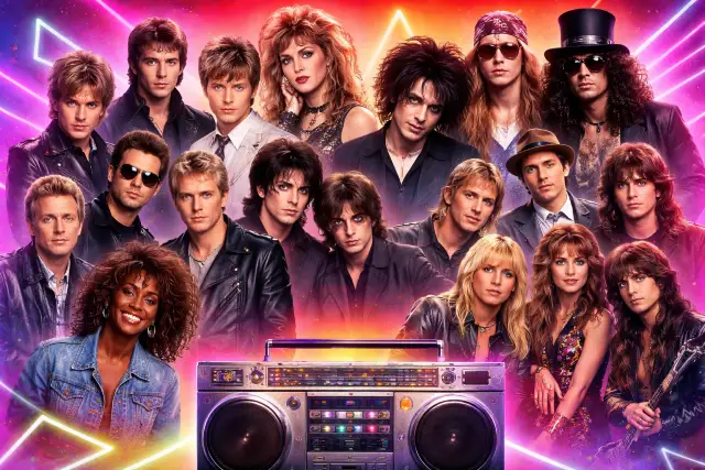 iconic 80s bands performing live on stage during the 1980s era