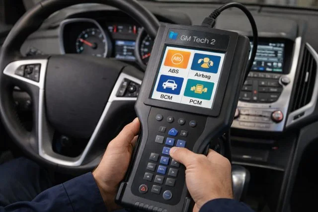 GM Tech 2 Scanner diagnosing ABS, airbag SRS, BCM and PCM modules on a GM vehicle
