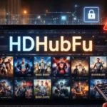 HDHubFu entertainment trend concept showing a person watching streaming content on a laptop with digital security warning visuals