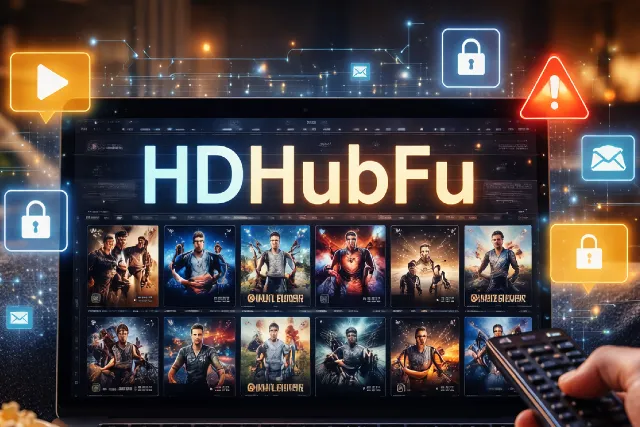 HDHubFu entertainment trend concept showing a person watching streaming content on a laptop with digital security warning visuals