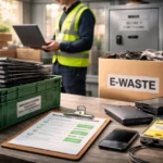 IT Recycling business process with secure laptop collection, inventory tracking, and responsible e-waste handling without text
