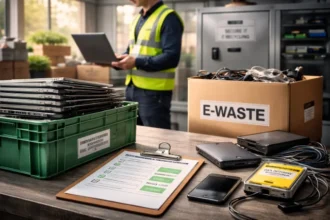IT Recycling business process with secure laptop collection, inventory tracking, and responsible e-waste handling without text