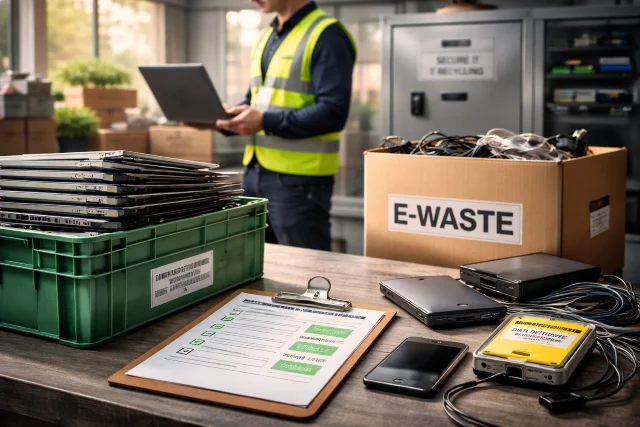 IT Recycling business process with secure laptop collection, inventory tracking, and responsible e-waste handling without text