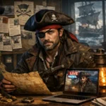 Jack Şoparov character inspired by classic adventure films standing near the sea