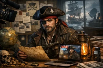 Jack Şoparov character inspired by classic adventure films standing near the sea