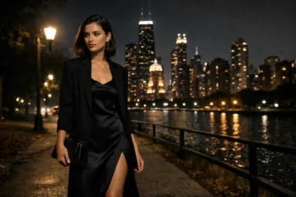 Lincoln Park After Dark minimalist fashion look with blazer, trousers, and natural glow makeup