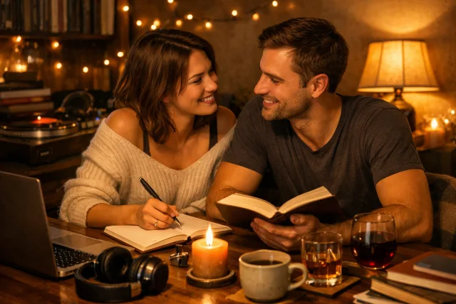 LiteroticaTags education themed cozy study session mood with warm lights, music, and drinks setup