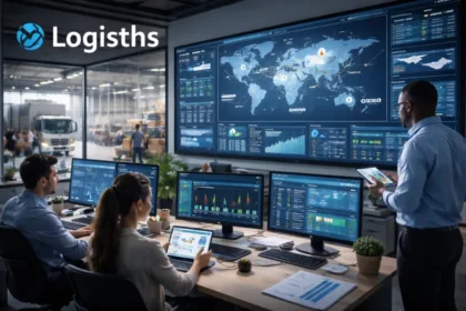 Logisths automation team using AI dashboards in a warehouse and transport control room to optimize routes, inventory, and fulfillment