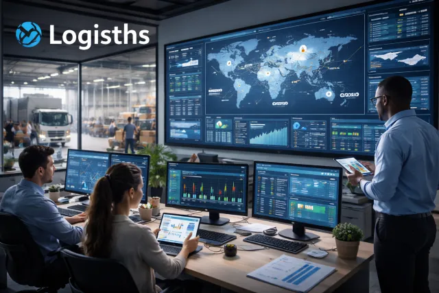 Logisths automation team using AI dashboards in a warehouse and transport control room to optimize routes, inventory, and fulfillment