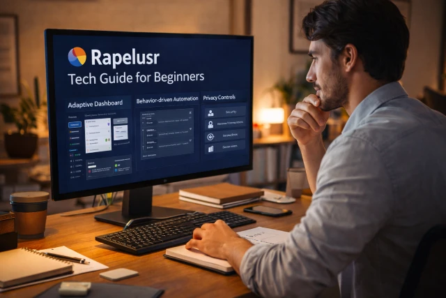 Rapelusr beginner setup showing an adaptive dashboard, automation rules, and privacy controls on a modern workspace screen