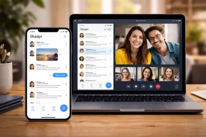 Skaipi app interface concept showing chat, voice call, and video call features on mobile and laptop screens