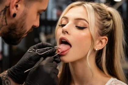 Snake eyes piercing jewelry styling close-up with matching accessories and modern alternative fashion vibe