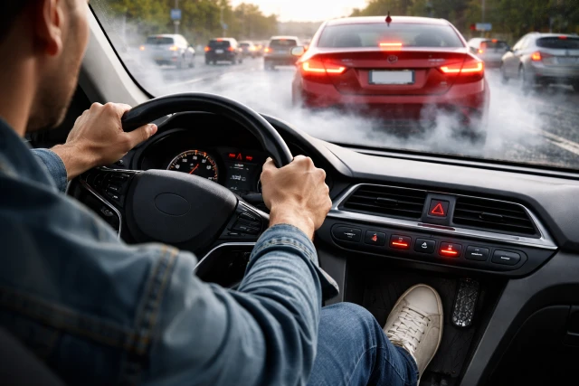 SplitSecnd emergency braking steps showing firm brake pressure controlled steering and safe stopping technique