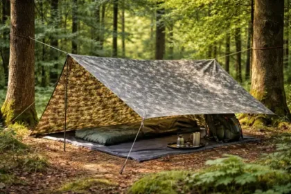 Tarnplanen camping setup A-frame tarp shelter for beginners in a forest campsite
