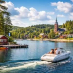 Veneajelu boat ride on a calm Finnish lake at sunset with forest shoreline