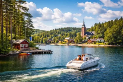 Veneajelu boat ride on a calm Finnish lake at sunset with forest shoreline