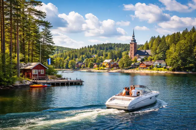 Veneajelu boat ride on a calm Finnish lake at sunset with forest shoreline