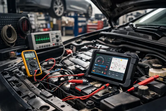 Auto Electric Shop technician diagnosing car electrical problems with battery tester and multimeter.