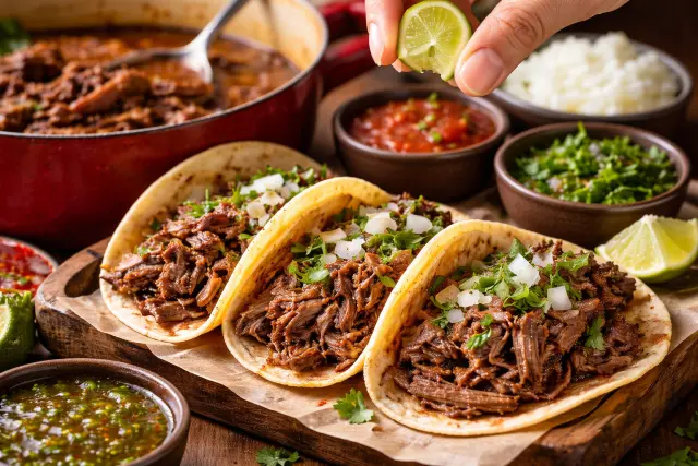 Barbacoa tacos made with tender shredded meat, onions, cilantro, and rich slow-cooked flavor