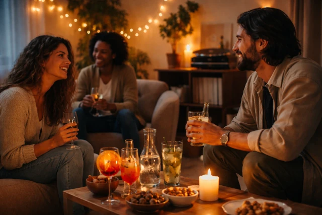 ehi vuoi da bere drink setup with warm lights and music vibe at home