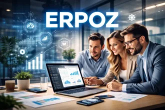 Erpoz inspired modern business team reviewing a growth dashboard on a laptop while organizing workflows and planning next steps in a smart office setting