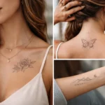 Fine line tattoo ideas for men featuring minimal sharp designs on forearm, chest, and upper arm