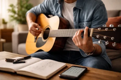 Hitaar acoustic guitar player practicing easy chords and strumming patterns