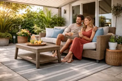 Markiseteppe outdoor awning mat under patio furniture creating a clean, comfortable outdoor living space