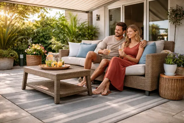 Markiseteppe outdoor awning mat under patio furniture creating a clean, comfortable outdoor living space