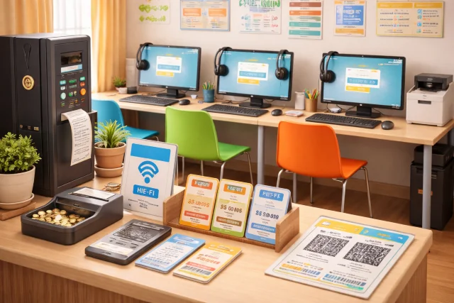 pasonet kiosk style internet setup with prepaid sessions, public computers, and secure login on a community table workstation setup