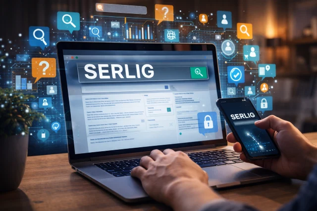 serlig trending keyword displayed on a laptop screen with secure browsing and user interest concept illustration