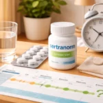 sertranorm for depression concept showing a prescription bottle, calendar timeline, and calm home routine setup with no text