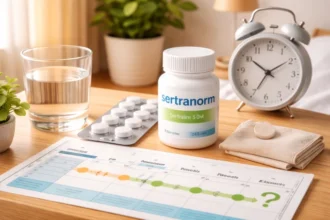 sertranorm for depression concept showing a prescription bottle, calendar timeline, and calm home routine setup with no text