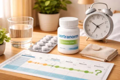 sertranorm for depression concept showing a prescription bottle, calendar timeline, and calm home routine setup with no text