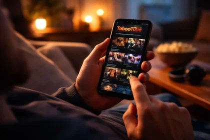 Tabootube concept visual of a person browsing entertainment videos on a phone in a dim cozy room