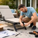 Installing Tumbons at home with tools, bolts, and frame assembly on a flat surface
