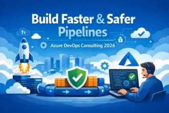 Illustration with a tech theme depicts a rocket launching amidst clouds and gears, symbolizing progress. A person with a headset works on a laptop, displaying a checkmark. A shield with a checkmark and server stacks convey security. Text: 'Build Faster & Safer Pipelines, Azure DevOps Consulting 2026' against a city skyline.
