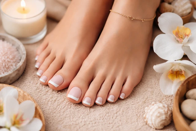 French Tip Toes in nude base with thin metallic gold tip, glossy finish, close-up pedicure look